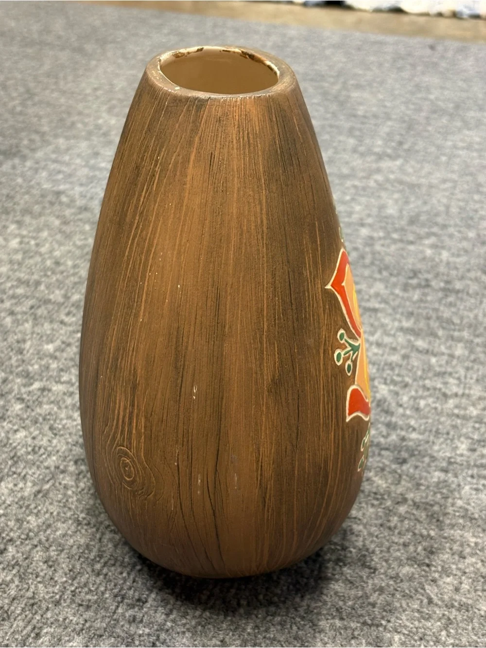 Peruvian Ceramic Vase with Hand-Painted Orange Floral Design
